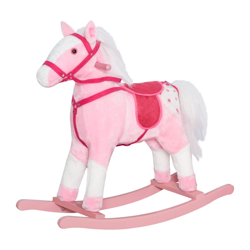 Qaba Kids Rocking Horse Plush Ride On Toy Toddler Rocker for Boys Girls Gifts with Realistic Sounds Pink - Image 2