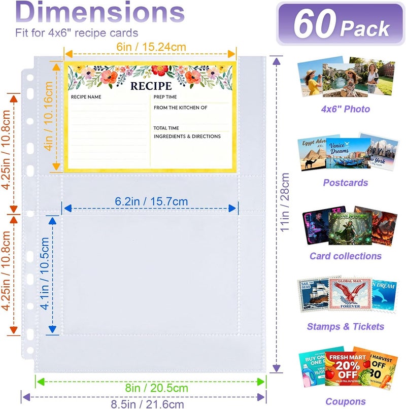 Zofly 60 Pack 240 Pockets 4x6 Recipe Card Sleeves,3 Ring Binder Recipe Card Protector Pages,Double Sided 2 Pocket Refill Sheets for Recipe Book, 8.5x11 Inch Top Loading Clear Sleeve Sheets - Image 2