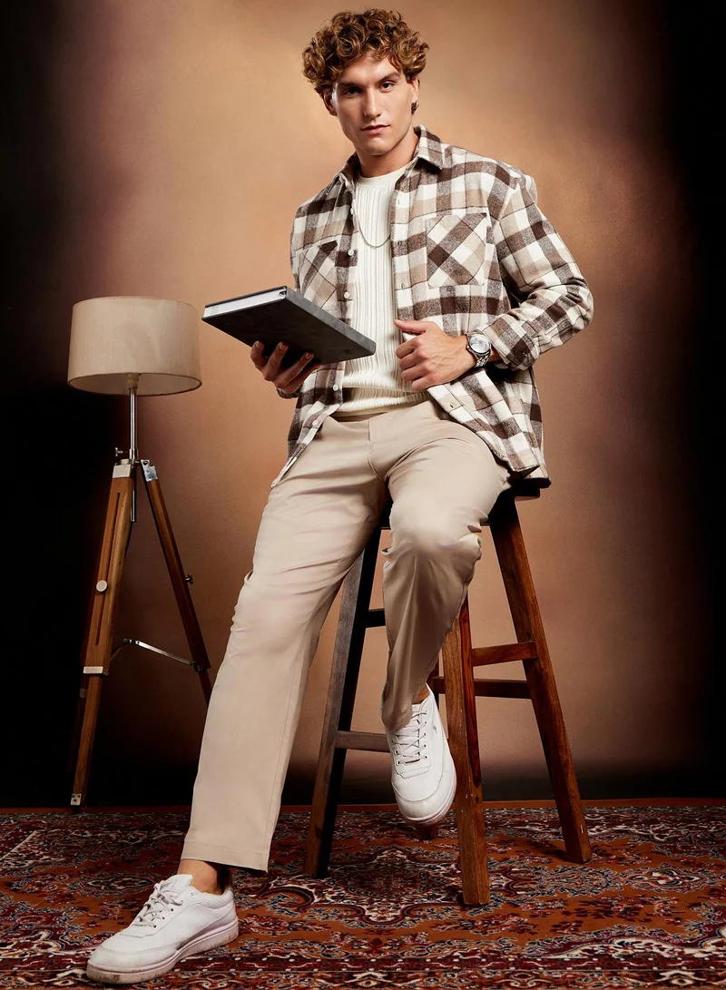 Campus Sutra Campus Sutra Men's Brown & Beige Buffalo-Check Utility Shacket For Casual Wear | Spread Collar | Long Cuffed Sleeves | Button Closure | Overshirt/Shacket Crafted With Comfort Fit For Everyday Wear