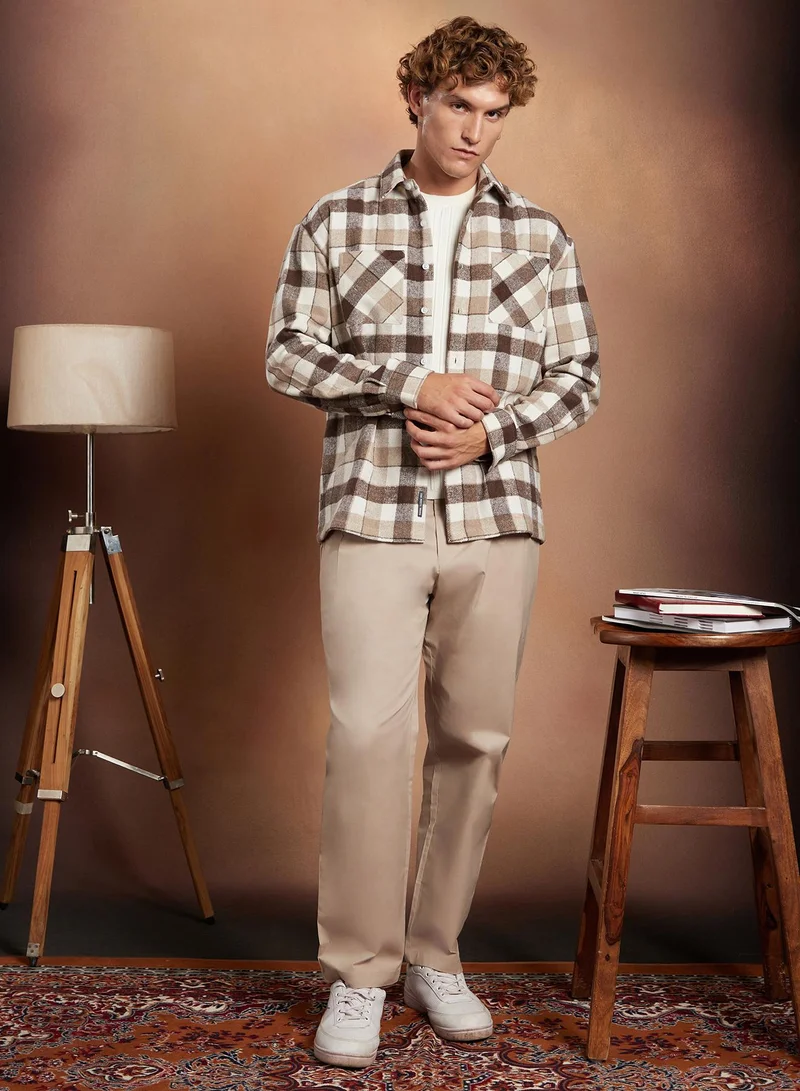 Campus Sutra Campus Sutra Men's Brown & Beige Buffalo-Check Utility Shacket For Casual Wear | Spread Collar | Long Cuffed Sleeves | Button Closure | Overshirt/Shacket Crafted With Comfort Fit For Everyday Wear