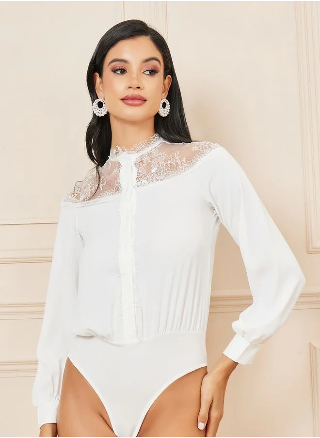 Styli Mesh Insert Front Button Bodysuit