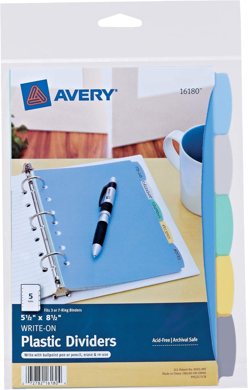 AVERY 16180 Write & Erase Plastic Dividers, 5-Tab, 5 1/2 x 8 1/2 - Image 1