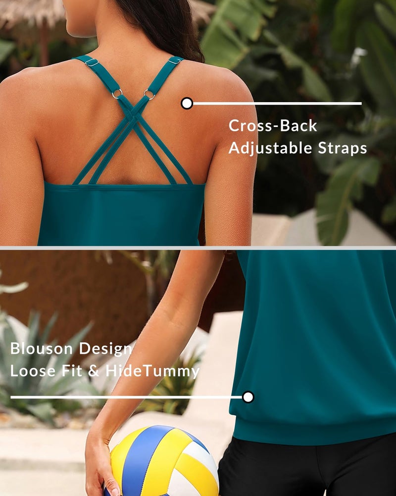 Yonique Blouson Tankini Tops for Women Swimwear Top Only Modest Tankini Tops Loose Fit Swim Tops No Bottom Teal M - Image 5