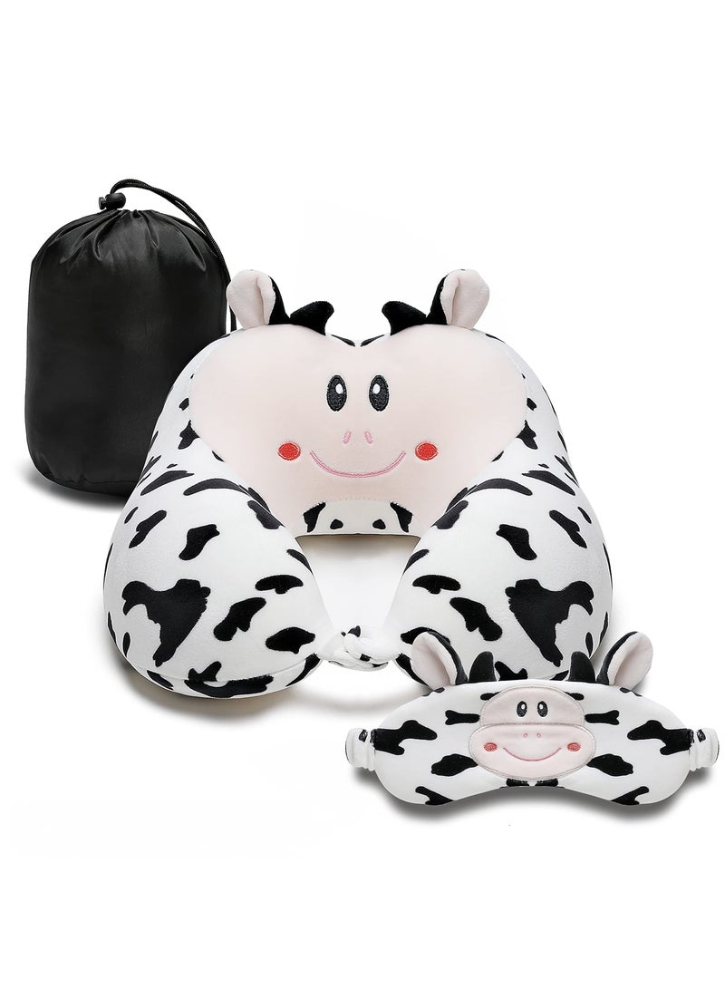 SYOSI Travel Pillow for Kids and Adults, Lovely Animal Memory Foam Neck Pillow with Soft Fleece Cover and Eye Mask Set, Airplane Pillow Travel Kit with Drawstring Organizer Bag, Machine Washable (Cow)  - Image 1
