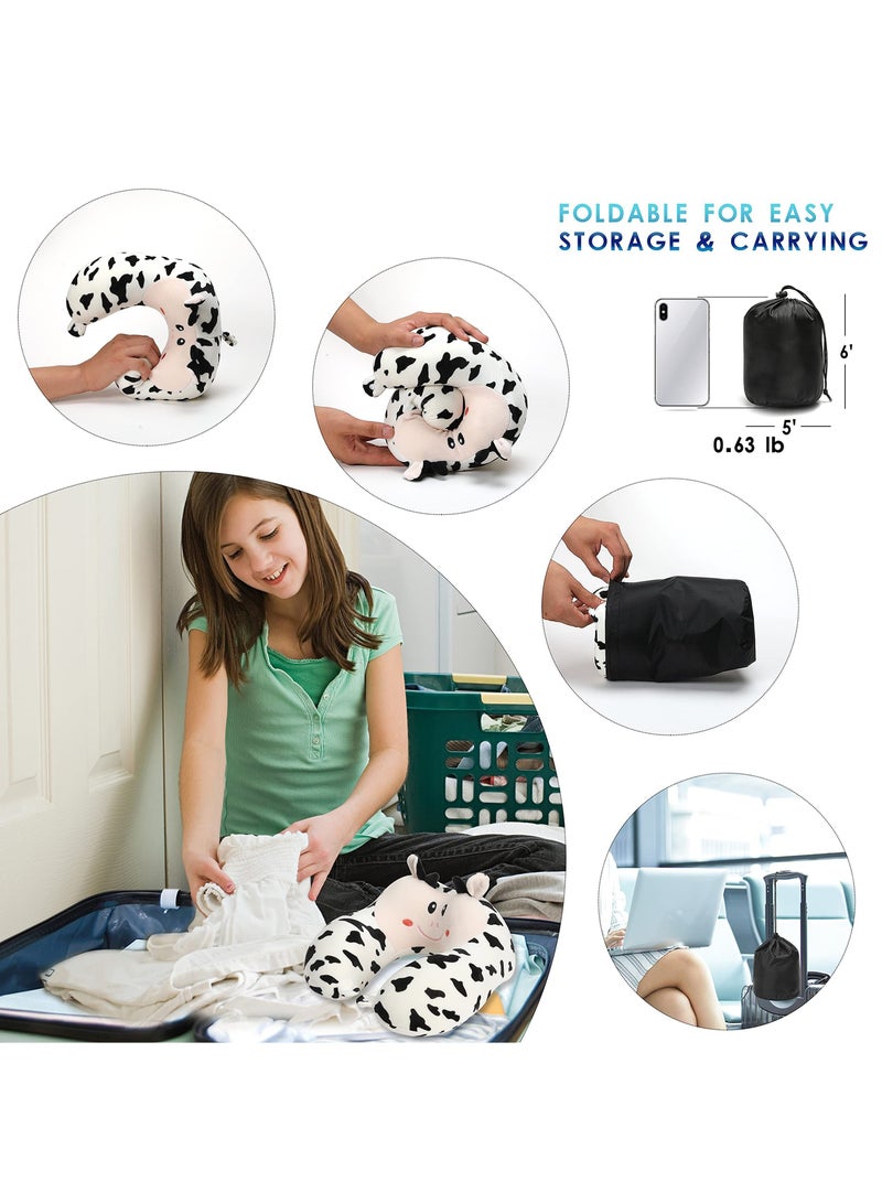 SYOSI Travel Pillow for Kids and Adults, Lovely Animal Memory Foam Neck Pillow with Soft Fleece Cover and Eye Mask Set, Airplane Pillow Travel Kit with Drawstring Organizer Bag, Machine Washable (Cow)  - Image 5