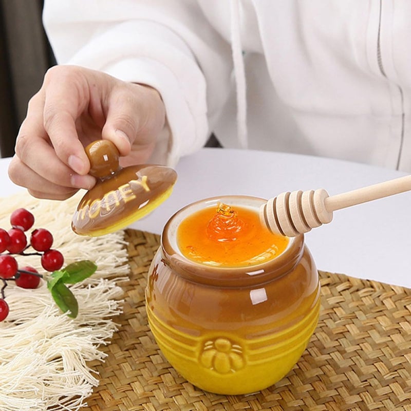 Ceramic Honey Jar with Dipper Retro Honey Dispenser Set of 2 Holder with Wooden Stirring Rod for Kitchen and Dining - Image 5