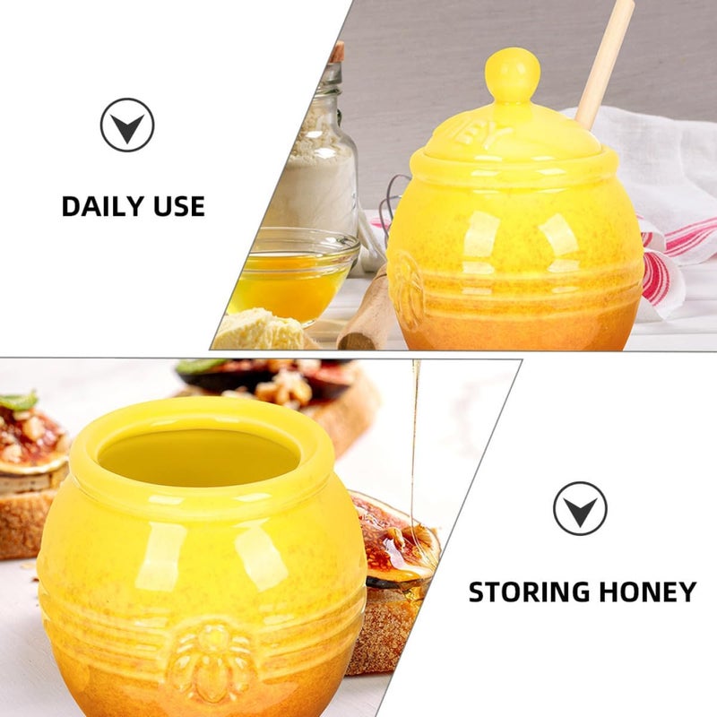 Ceramic Honey Jar with Dipper Retro Honey Dispenser Set of 2 Holder with Wooden Stirring Rod for Kitchen and Dining - Image 3