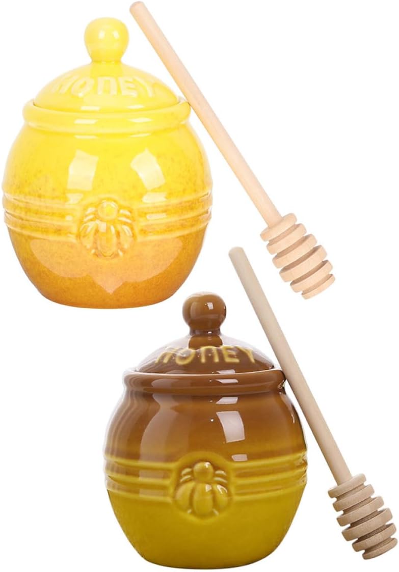 Ceramic Honey Jar with Dipper Retro Honey Dispenser Set of 2 Holder with Wooden Stirring Rod for Kitchen and Dining - Image 1