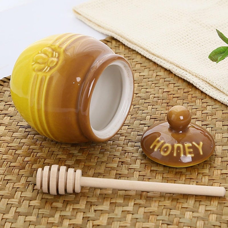 Ceramic Honey Jar with Dipper Retro Honey Dispenser Set of 2 Holder with Wooden Stirring Rod for Kitchen and Dining - Image 4