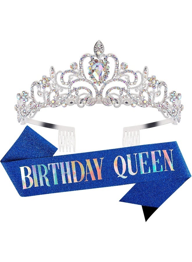 Velscrun Happy Birthday Queen AB Silver Tiara Crowns for Women, Birthday Blue Sash, Birthday Party Favors Supplies Birthday Gift for Her, 80th Birthday Party Decorations, Birthday Stuff Accessories - Image 1