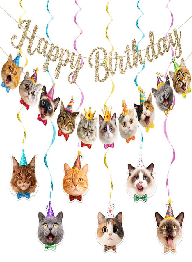 Alynta Cat Happy Birthday Banner Pre-Strung Cat Birthday Party Decorations NO DIY Gold Glitter Happy Birthday Sign Hanging Swirls for Women Men Birthday Party Supplies - Image 1