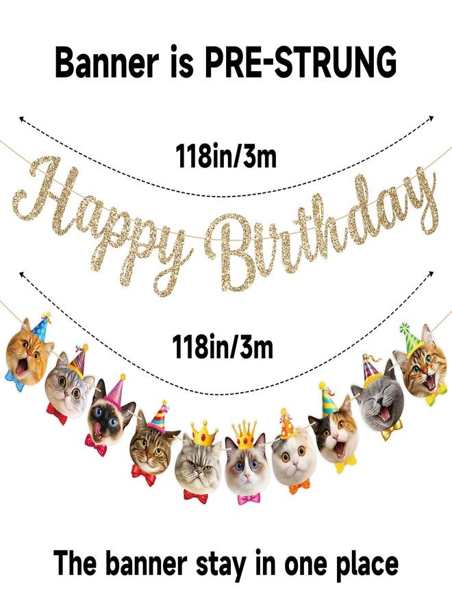 Alynta Cat Happy Birthday Banner Pre-Strung Cat Birthday Party Decorations NO DIY Gold Glitter Happy Birthday Sign Hanging Swirls for Women Men Birthday Party Supplies - Image 3