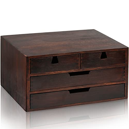 DEAYOU Bamboo Desk Organizer, 100% Natural Bamboo Desktop Drawer Organizer, Dark Brown Tabletop Storage Cabinet Organization Box with 4 Drawer for Makeup, Letter, Home, 3 Layer, Fully Assemble - Image 3