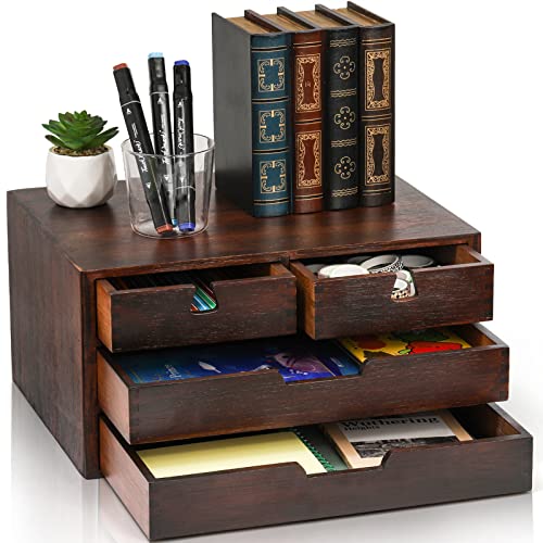 DEAYOU Bamboo Desk Organizer, 100% Natural Bamboo Desktop Drawer Organizer, Dark Brown Tabletop Storage Cabinet Organization Box with 4 Drawer for Makeup, Letter, Home, 3 Layer, Fully Assemble - Image 1