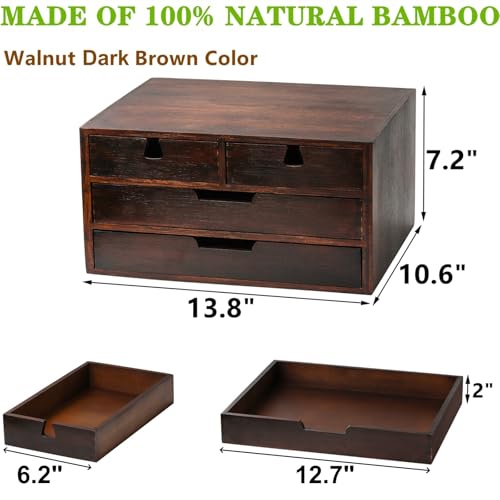 DEAYOU Bamboo Desk Organizer, 100% Natural Bamboo Desktop Drawer Organizer, Dark Brown Tabletop Storage Cabinet Organization Box with 4 Drawer for Makeup, Letter, Home, 3 Layer, Fully Assemble - Image 2