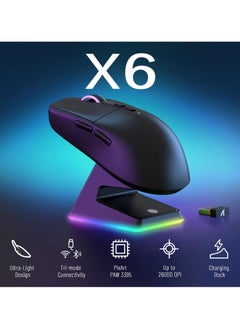 هجوم القرش X6 ماوس ألعاب لاسلكي خفيف الوزن مع 3 أوضاع سلكية 2.4G BT5.2 حتى 26K DPI RGB تعمل باللمس قاعدة شحن مغناطيسية  - Image 3