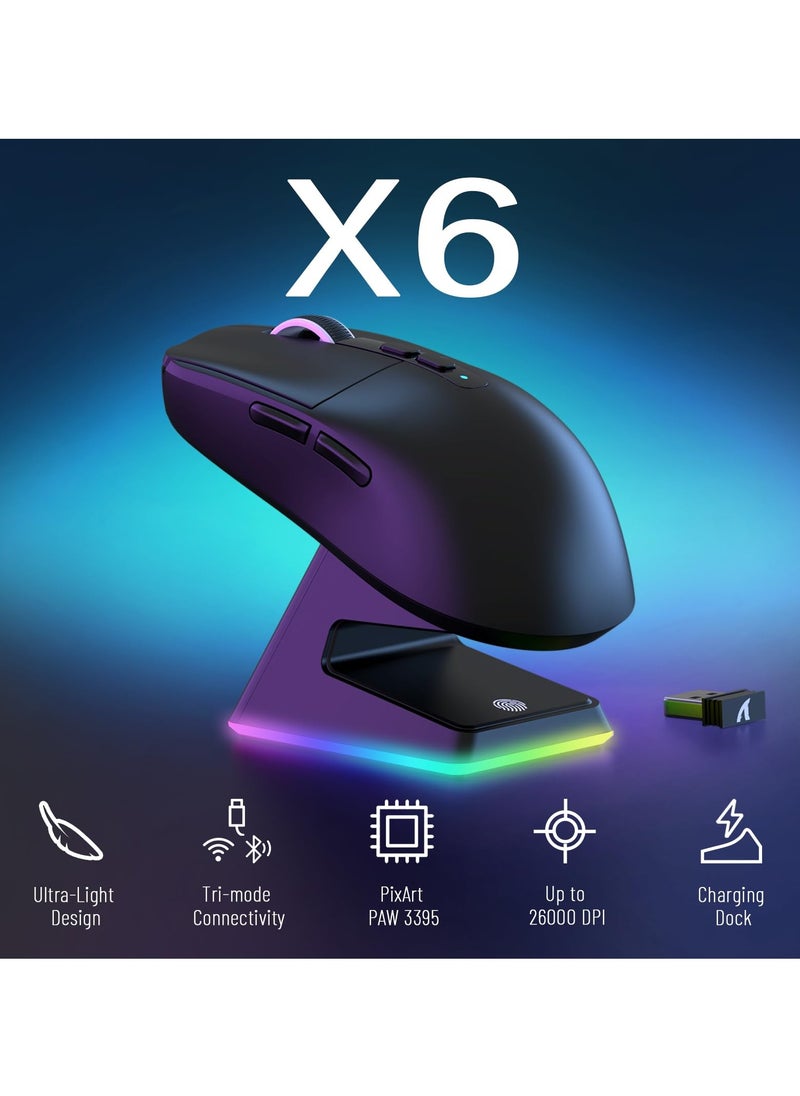 Attack Shark - X6 Lightweight Wireless Gaming Mouse with 3 Mode Wired 2.4G BT5.2 Up to 26K DPI RGB Touch Magnetic Charging Base - Image 1