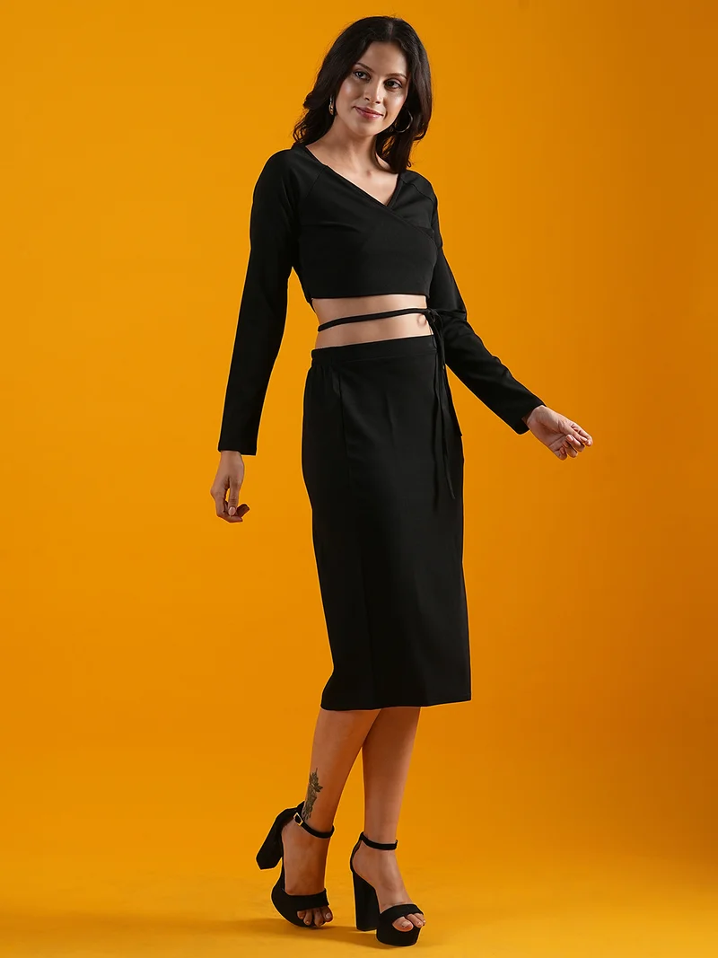 globus Women Wrap V-Neck Long Sleeves Tie-Up Casual Crop Top With Skirt