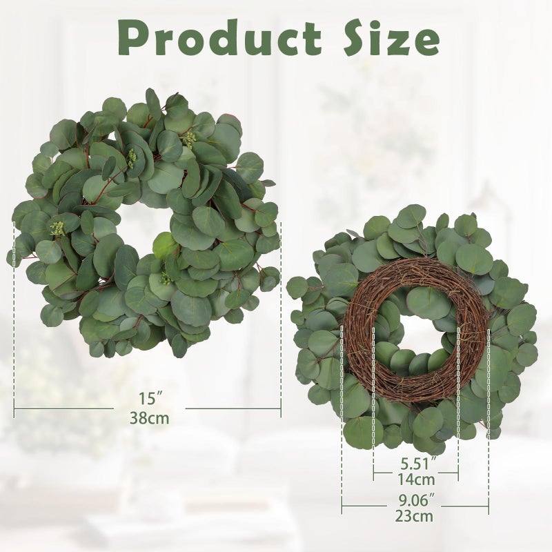 Briful 15'' Faux Eucalyptus Wreaths for Front Door, Real Touch Greenery Silver Eucalyptus Artificial Door Wreath for Home Farmhouse Wall Mantlte Window Decor - Image 2