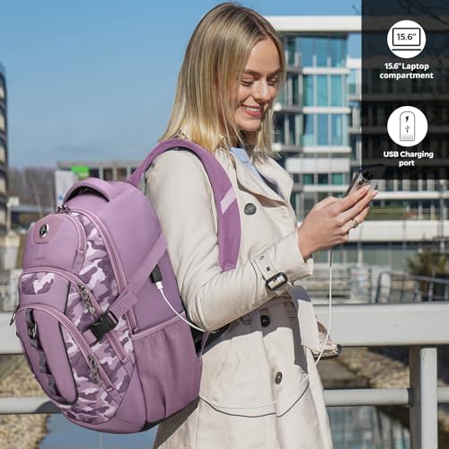 Swissdigital Design Laptop Backpack with USB Charging Port, Travel Backpack Fits 15.6 inches Computer, 31L College School Backpack for Men, Pink Camo | SD803-93 - Image 2