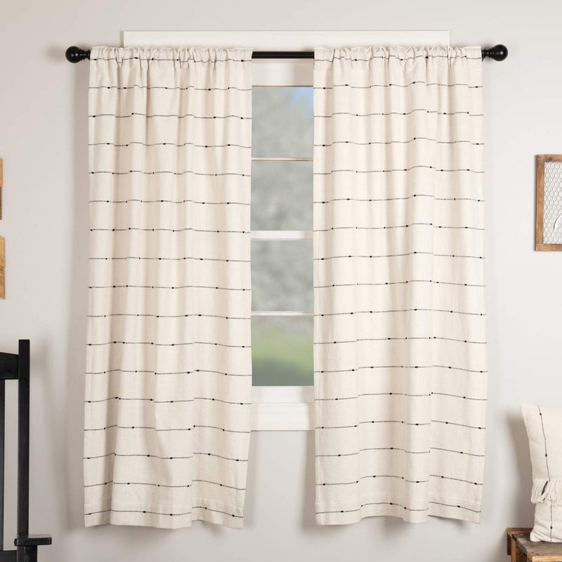 Piper Classics Farmcloth Stripe Panel Curtains, Set of 2, 63" Long, Urban Rustic Farmhouse Style Curtain, Natural Cream Woven w/Black Stripes - Image 1