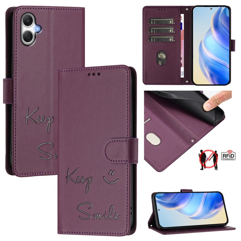 BURAQ Case Cover For Samsung Galaxy A06 5G / 4G Smile Embossing RFID Leather Phone Case(Violet) - Image 1