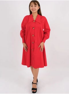 Women’s Cuff Sleeves Button Closing Dress in Barbados Cherry