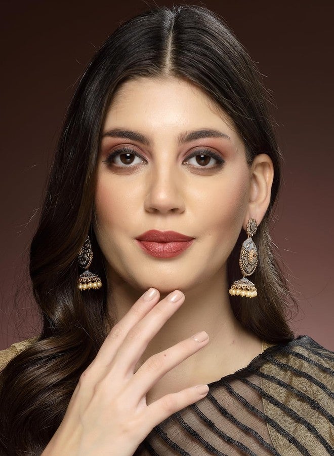 ADIVA Gold-Plated Pink Hand-Painted Pearl Dome Shaped Jhumka Earrings Set for women, Traditional Stylish Jhumka for Girls Party, Wedding, Festive - Image 3