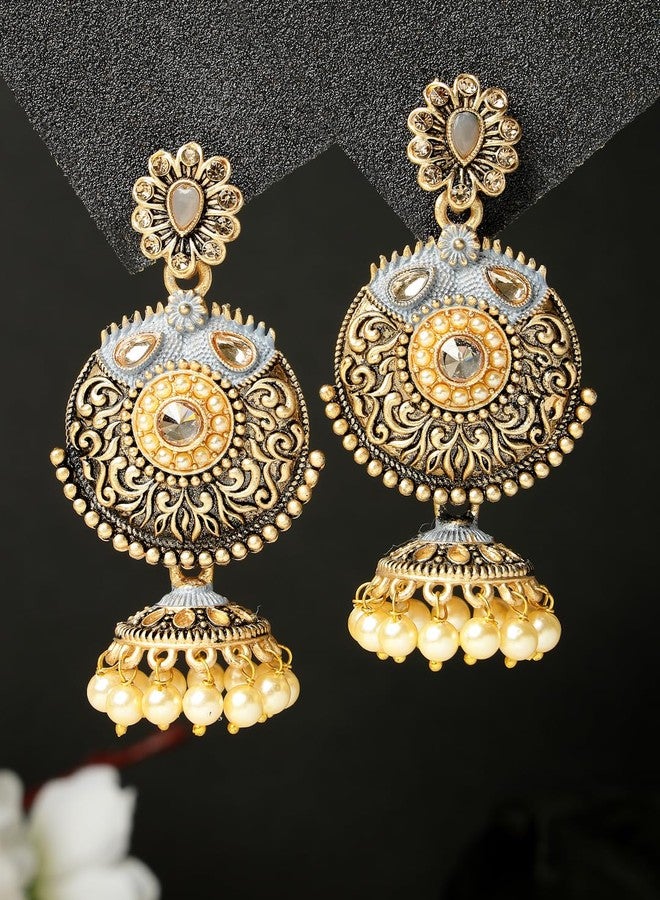 ADIVA Gold-Plated Pink Hand-Painted Pearl Dome Shaped Jhumka Earrings Set for women, Traditional Stylish Jhumka for Girls Party, Wedding, Festive - Image 4