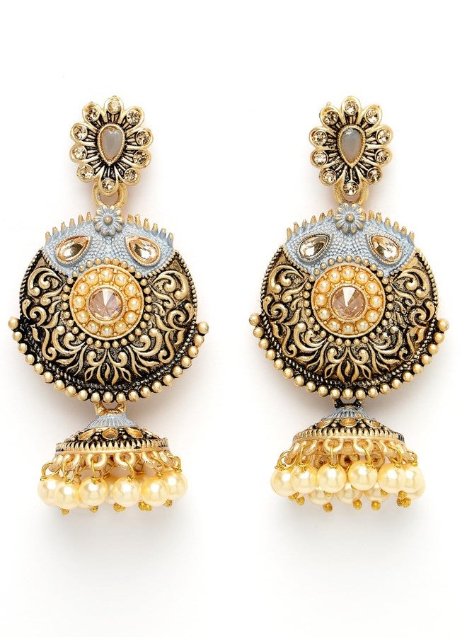 ADIVA Gold-Plated Pink Hand-Painted Pearl Dome Shaped Jhumka Earrings Set for women, Traditional Stylish Jhumka for Girls Party, Wedding, Festive - Image 1