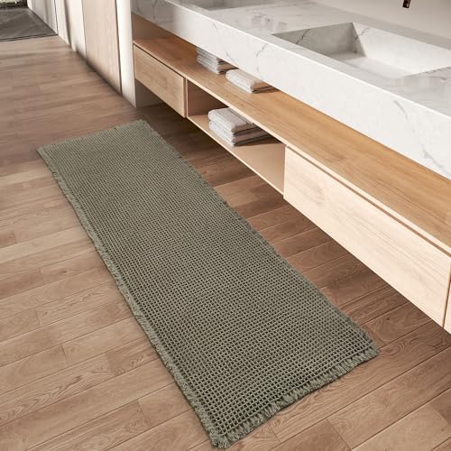 AMOAMI Upgraded Waffle Runner Rug Super Absorbent Non Slip Bath Mats for Bathroom Floor, Machine Washable Bathroom Runner Rug with Tassels, Ideal for Hallway Bedroom Laundry Room, Green, 2' x 6'(24" x 72") - Image 1
