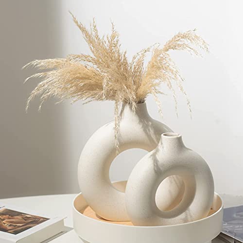 QLOFEI White Ceramic Vases- 2 for Modern Home Decor, Round Matte Boho Vase for Decor, Ceramic Minimalist Nordic Style for Wedding Dinner Table Living Room Office - Image 5