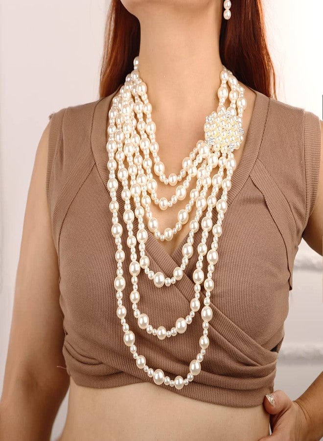 Wiwpar 1920s Multilayer Faux Pearl Necklace Vintage Long Imitation Pearl Necklace with Brooch Earrings Set for Women Vintage Bridal Jewelry Accessories - Image 3