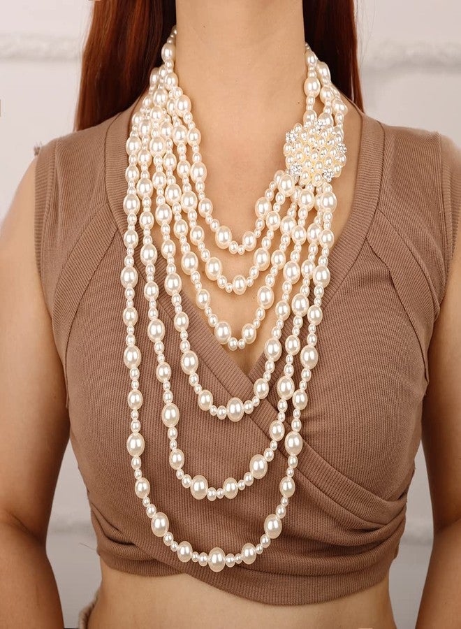 Wiwpar 1920s Multilayer Faux Pearl Necklace Vintage Long Imitation Pearl Necklace with Brooch Earrings Set for Women Vintage Bridal Jewelry Accessories - Image 2