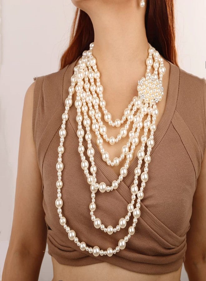 Wiwpar 1920s Multilayer Faux Pearl Necklace Vintage Long Imitation Pearl Necklace with Brooch Earrings Set for Women Vintage Bridal Jewelry Accessories - Image 4