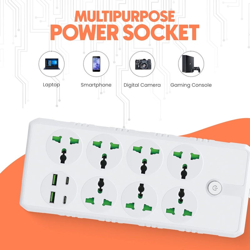 ELONSEY 5 Meter Universal Power Extension Cord with USB C, Power Strip with 7 Power Sockets and 2 USB Slots, Extension Lead with 2 USB C Charging Ports - White - Image 4