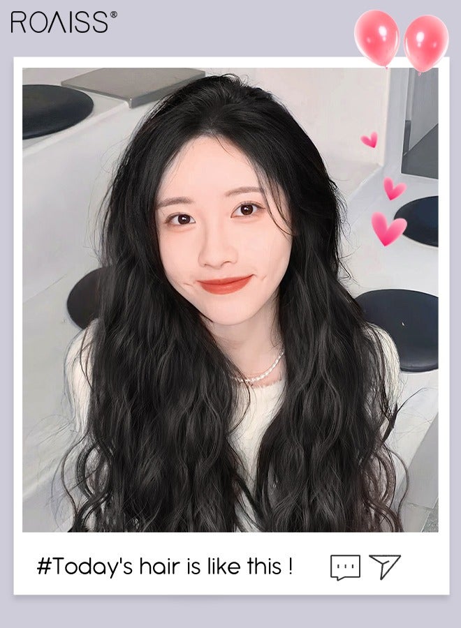 V-Shaped Natural Black Hair Extensions, One Piece Wavy Hair Extension with 4 Clips, Heat Resistant Synthetic Hairpiece for Women Girls