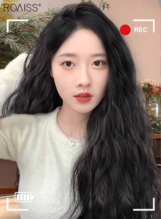 V-Shaped Natural Black Hair Extensions, One Piece Wavy Hair Extension with 4 Clips, Heat Resistant Synthetic Hairpiece for Women Girls