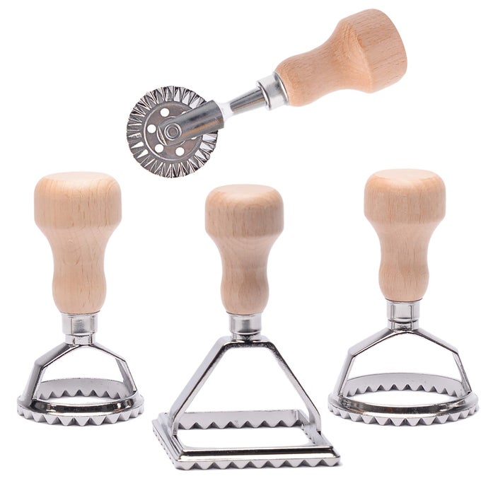 RAVIOLI STAMP MAKER CUTTER WITH ROLLER WHEEL SET MOLD WITH WOODEN HANDLE AND FLUTED EDGE PASTA PRESS KITCHEN ATTACHMENT MF1246
