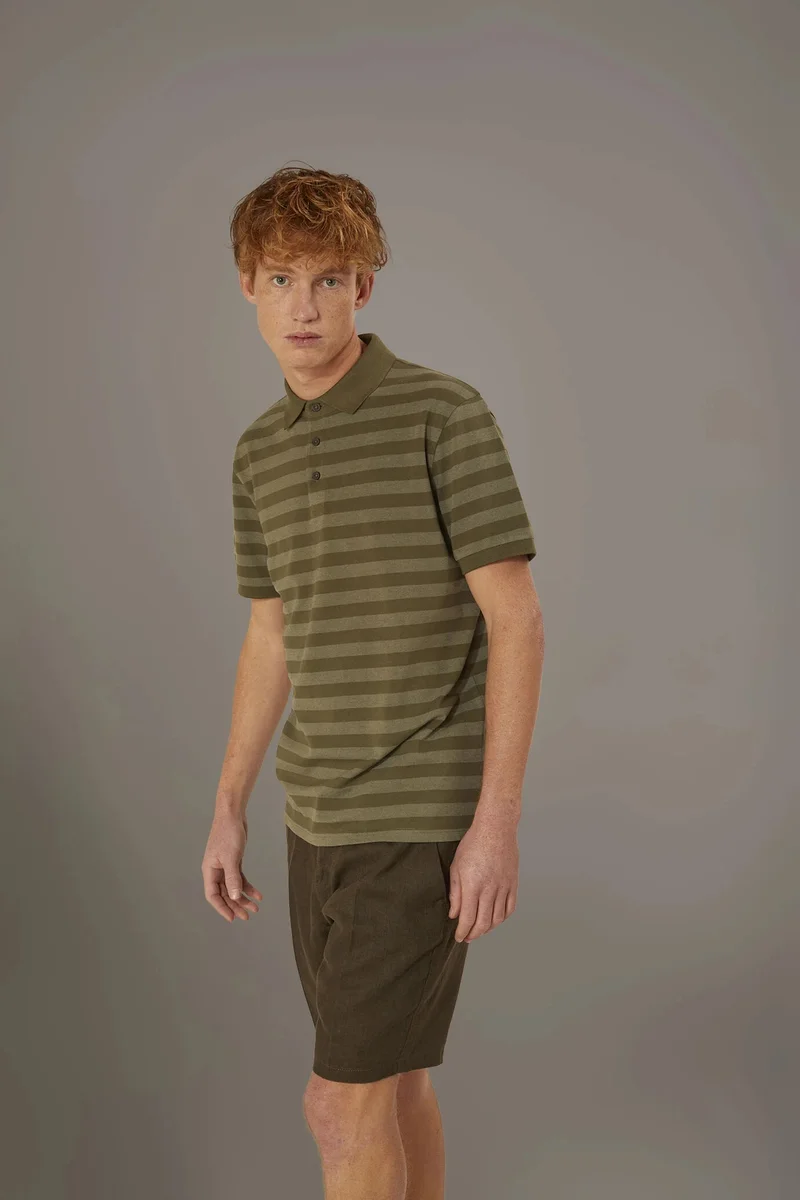 Striped short sleeves melange polo - Olive Green