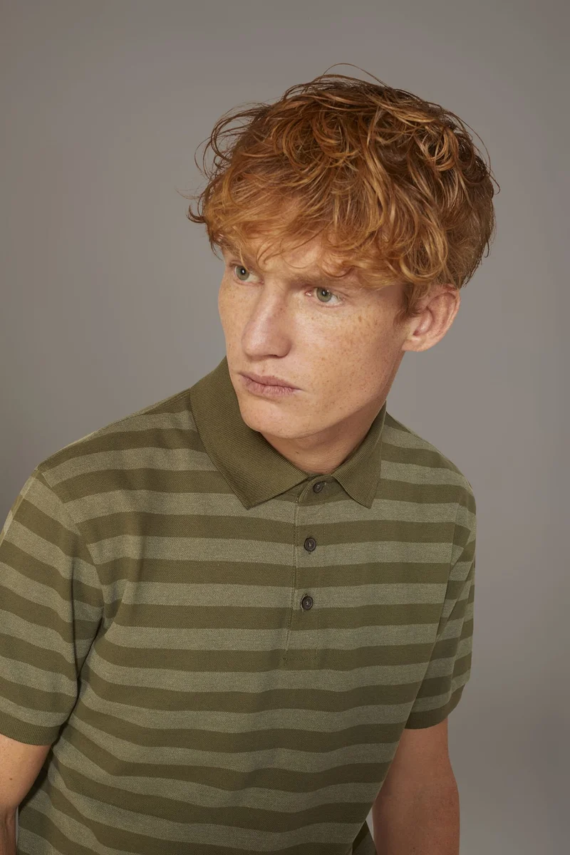 دوبل غانغر Striped short sleeves melange polo - Olive Green