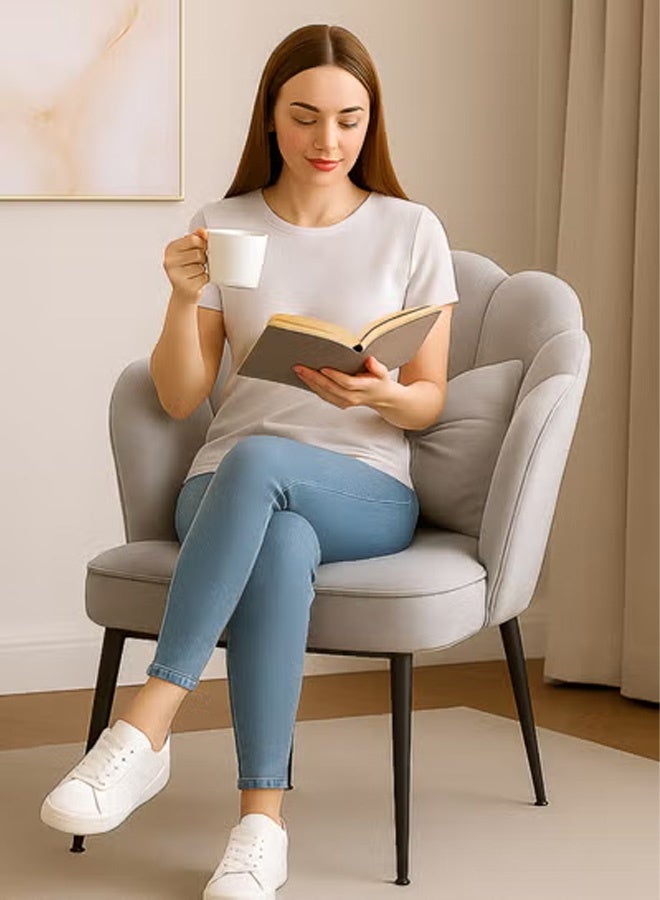 كرسي مكياج مع وسادة وأرجل معدنية سوداء، كرسي بتصميم أنيق علي شكل بتلات الزهور لغرفة المعيشة وغرفة الطعام وغرفة الملابس وغرفة النوم والمكتب - رمادي - Image 4