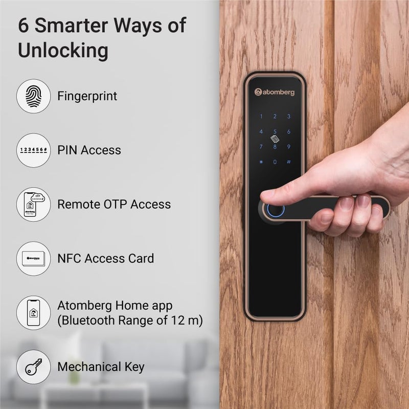 atomberg Azhero Smart Door Lock | 6 Ways Unlocking | Fingerprint | PIN | Remote OTP | NFC Card | App (Data Stored in India) | Key | Free Installation | 2 Year Warranty (Rose Gold) - Image 2