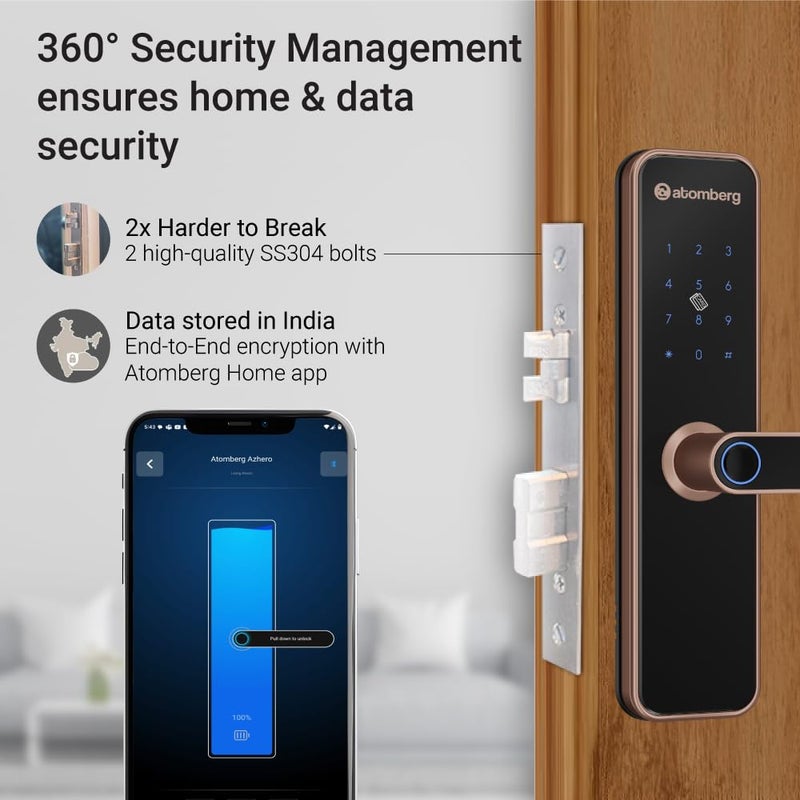 atomberg Azhero Smart Door Lock | 6 Ways Unlocking | Fingerprint | PIN | Remote OTP | NFC Card | App (Data Stored in India) | Key | Free Installation | 2 Year Warranty (Rose Gold) - Image 3