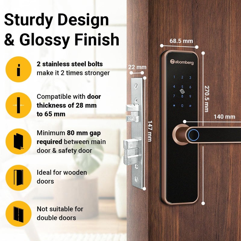 atomberg Azhero Smart Door Lock | 6 Ways Unlocking | Fingerprint | PIN | Remote OTP | NFC Card | App (Data Stored in India) | Key | Free Installation | 2 Year Warranty (Rose Gold) - Image 5
