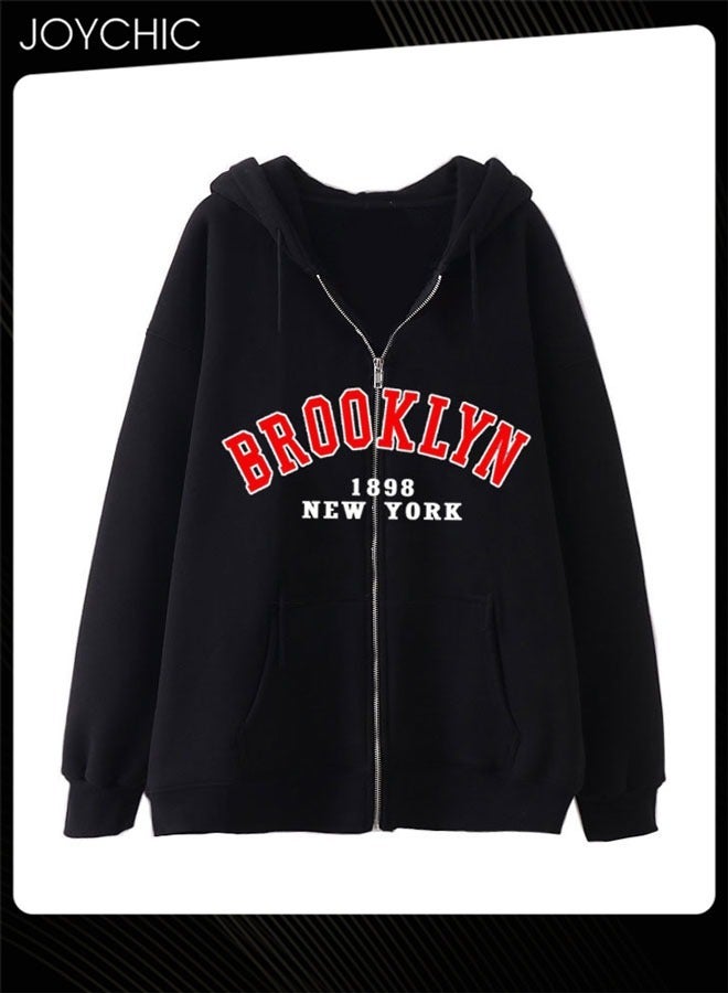Joychic New Style Long Sleeve Zipper Pullover Hoodie Trendy Letter Pattern Autumn and Winter Warm Outwear for Women - Image 1