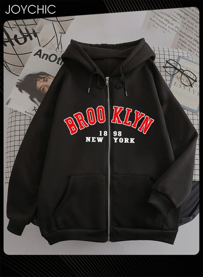 Joychic New Style Long Sleeve Zipper Pullover Hoodie Trendy Letter Pattern Autumn and Winter Warm Outwear for Women - Image 2