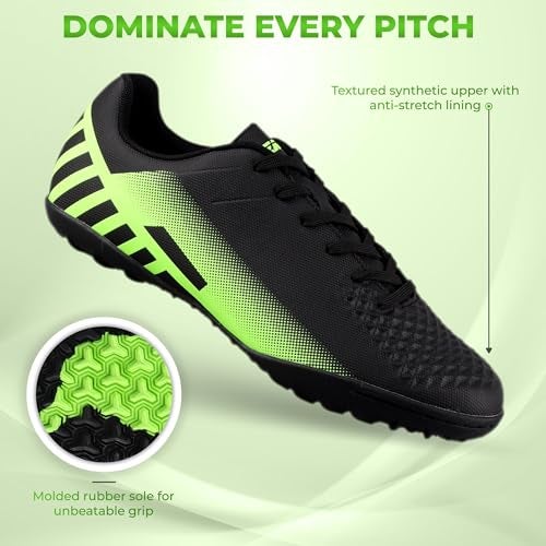 Vizari Santos Turf Soccer Shoes for Boys and Girls| Turf Shoes with Two Color Synthetic Upper | Youth Football Turf Shoes with Rubber Oursole | Superior Traction on Turf Ground, (Black/Green, 10) - Image 3