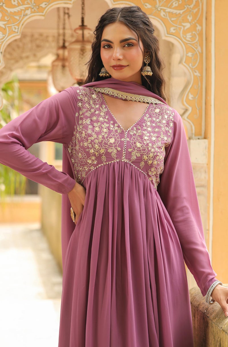 Janasya Lavender Yoke Embroidery Kurta with Palazzo & Dupatta for Women Georgette Fabric Latest Fashion - Image 2