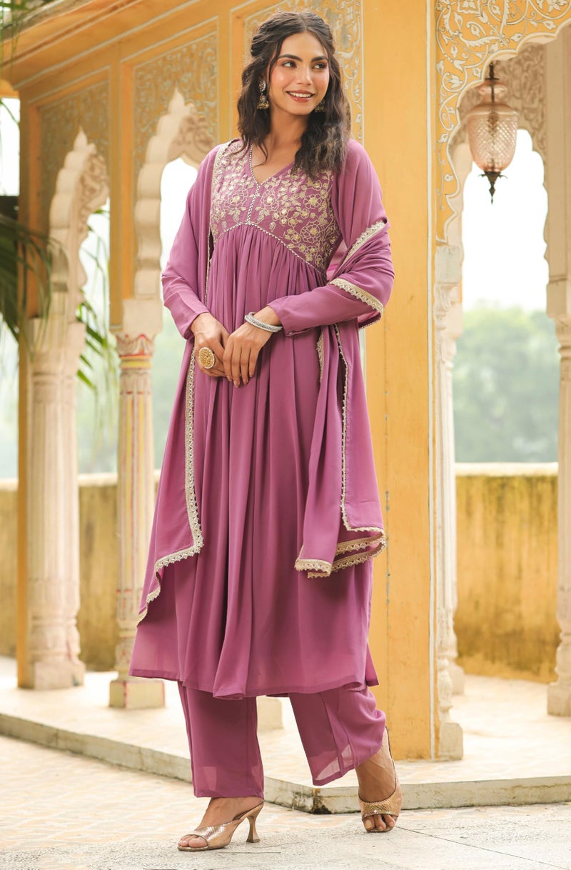 Janasya Lavender Yoke Embroidery Kurta with Palazzo & Dupatta for Women Georgette Fabric Latest Fashion - Image 5